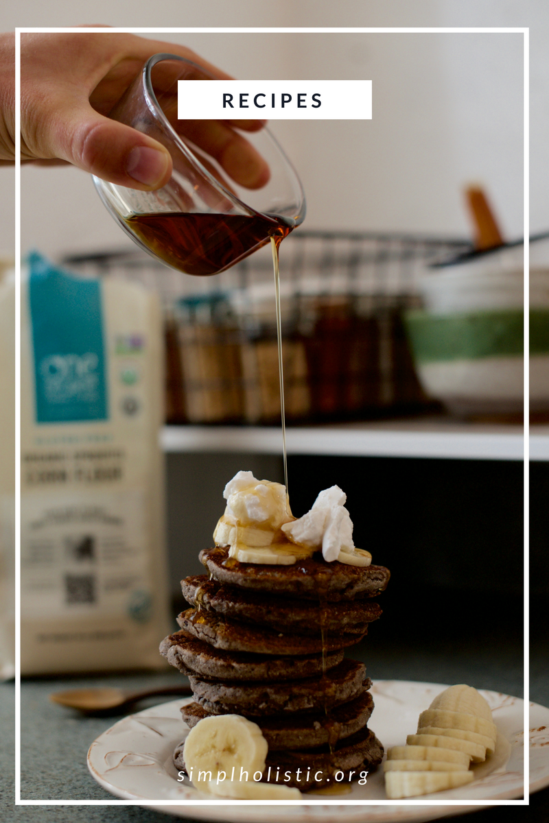 These vegan gluten free pancakes are absolutely delicious. They are made with sprouted corn flour and are just sweet enough to keep you coming back for more! + they are made with less than 5 ingredients!